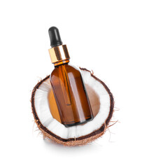 Fototapeta premium Bottle of coconut oil on white background