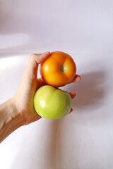 Hand holding 2 tomatoes. Orange ripe tomato close up focus, green tomato unripe tomato. Home grown fresh organic vegetables fruits white background. 