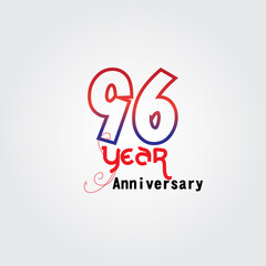 96 years anniversary celebration logotype. anniversary logo with red and blue color isolated on gray background, vector design for celebration, invitation card, and greeting card