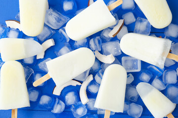 Tasty coconut ice cream on color background