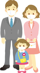 イラスト素材：3月卒園式　4月入園式　マスク着用の3人家族　ピンクのスーツ　核家族 