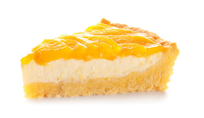 Piece of tasty mango pie on white background
