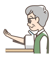 血圧を測定するおじいさん　上腕式測定機