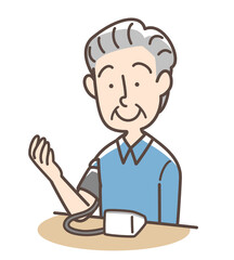 血圧を測定するおじいさん　上腕式測定機