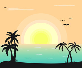 Landscape sea palm trees and sun, vector illustration