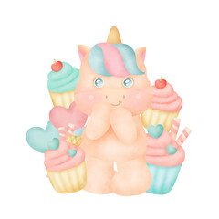 Cute Unicorn with cupcakes for birthday card .
