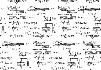 Background with physics formulas and equations. Materials - metal welding. Vintage whiteboard. Vector seamless pattern.