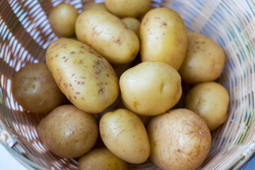 selective focus of potatoes in a bucket with white background.
