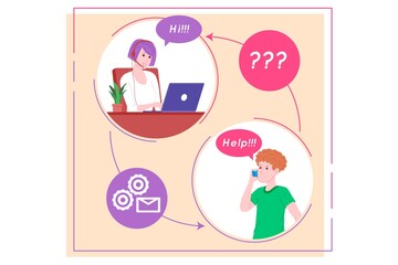 Call center, customer service, support and assistance landing page. Hotline woman operator with headsets and laptop. Concept of telemarketing and consultation. Cartoon vector illustration.