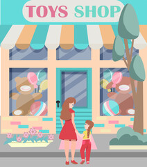 Mom and daughter go to the toy store. illustration of the exterior facade of a toy shopbuilding. The facade of a children's store. Shopping trip with a small child. Vector illustration in flat style.
