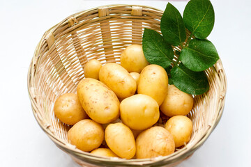 selective focus of potatoes in a bucket with white background.