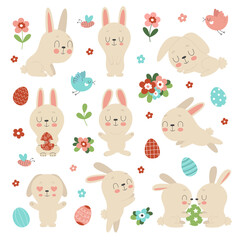 Set of cute Easter bunnies, flowers and decorated eggs on a white background. Traditional symbol of Easter. Funny animals in different poses.