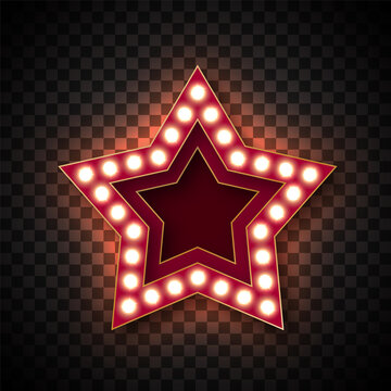 Advertising signs for attracting the customers. Five-pointed star, with glowing bulbs along the contour. Red tones. Golden border. On a transparent background. Isolated.