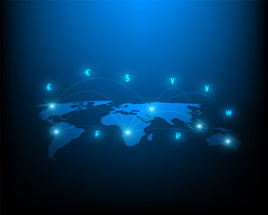 Currency exchange network of financial illustrations and money transfers.