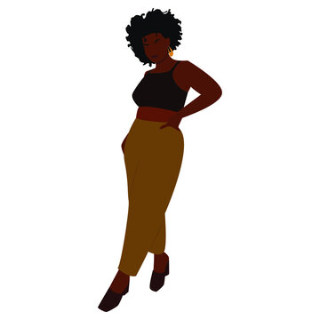 Vector illustration of bodypositive black  woman in contemporary style. Woman standing in shirt and pants. Vector stock illustration isolated on white background. Stock vector illustration, EPS 10