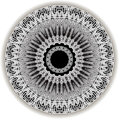 Floral black and white mandala pattern. Vector ornamental background. Decorative tribal ethnic backdrop. Greek line art tracery ornament. Abstract round flower with lines, greek key, meanders, frame