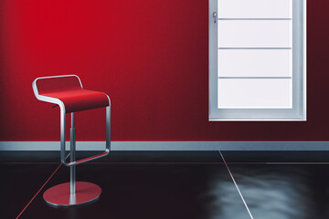 Stool in Front of a Red Wall Background with a Window - 3D Visualization