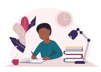 Black boy studying with books. Vector illustration in flat style.