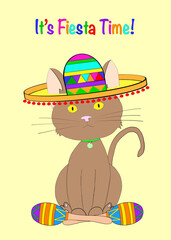 Illustration hand drawn cartoon kitten wearing a colorful sombrero hat sitting on yellow background with decorative maracas. It's Fiesta Time text above. Cinco de Mayo theme