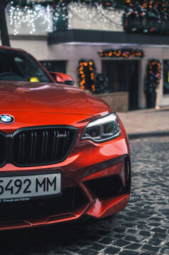 Kyiv, Ukraine - February 2020. New BMW M2 Competition F87 in a beautiful orange color.