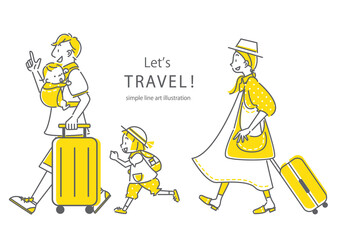 楽しそうに旅行する4人家族のシンプルでおしゃれな線画イラスト素材 三色 肌色あり Wall Mural Fumipokkur