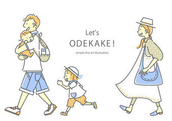 さわやかな季節にお出かけする四人家族のシンプルでお洒落な線画イラスト　3色　肌色あり