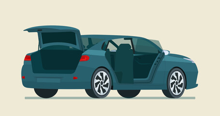 Sedan car with open trunk and door. Vector flat style illustration. © lyudinka