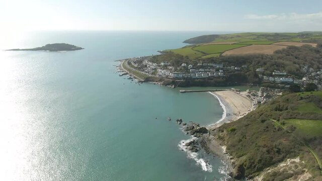 Aerial of west looe, the village of hannafore and the famous looe island. South east cornwall