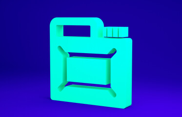 Fototapeta premium Green Canister for motor machine oil icon isolated on blue background. Oil gallon. Oil change service and repair. Engine oil sign. Minimalism concept. 3d illustration 3D render.