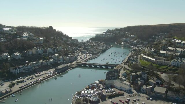 Aerial of Looe town centre. The famous bridge crossing the looe river.