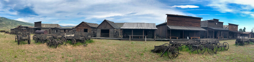 Cody, Wyoming. Wooden barracks of the Old Wild West on a summer day - Panoramic view