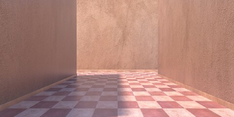 Terracotta floor tiles red pink color and empty walls background