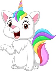 Cartoon happy unicorn cat on white background