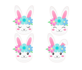Cute bunny faces with flower wreath. Cartoon style - 416685515