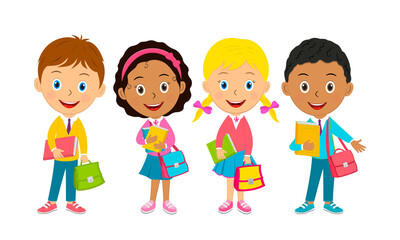 cute cartoon kids stand with books and bags