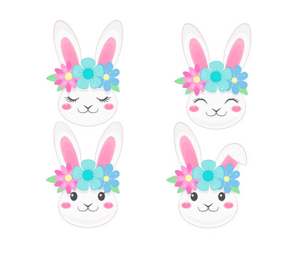Cute bunny faces with flower wreath. Cartoon style