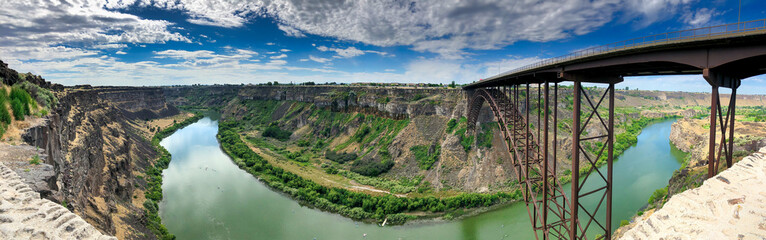 Twin Falls Bridge and Snake River on a beautiful summer day - Panoramic view