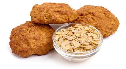 Homemade oat cookies, isolated on white background. High resolution image