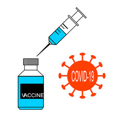 Vaccine coronavirus, covid-19 Medicine bottle and hypodermic syringe injection tool treatment on white background, symbol, illustration graphic text