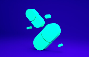 Green Vitamin complex of pill capsule icon isolated on blue background. Healthy lifestyle. Minimalism concept. 3d illustration 3D render.