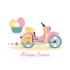 Happy Easter card. Bike with basket of eggs. Flat vector illustration.