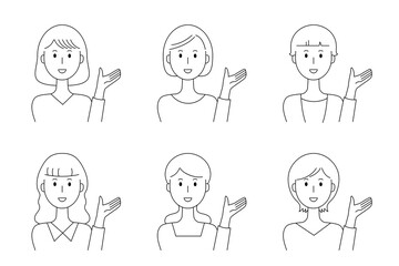 手を挙げて説明する女性のベクターイラストセット