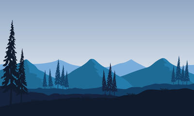 Beautiful morning view with mountains and pine trees around it. Vector illustration