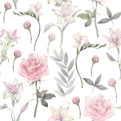 Floral seamless pattern of tender white and pink flowers. Hand drawn watercolor illustration. 