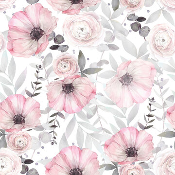 Floral seamless pattern of tender pink flowers. Hand drawn watercolor illustration.