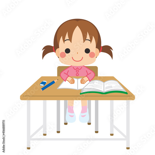 教室の机と椅子にきちんと座って学校の授業を受ける可愛い小学生の女の子のイラスト Wall Mural ぽこたぽこ