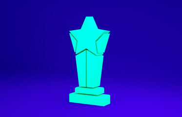 Green Award cup icon isolated on blue background. Winner trophy symbol. Championship or competition trophy. Sports achievement sign. Minimalism concept. 3d illustration 3D render.