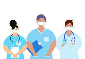 Vector illustration of a medical team, group of physicians, doctors wearing face masks.