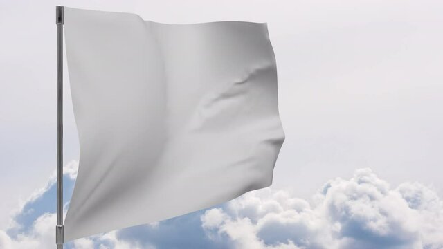 White waving flag 3d seamless loop animation 4k. White Flag on pole with sky background
