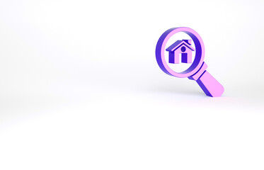 Purple Search house icon isolated on white background. Real estate symbol of a house under magnifying glass. Minimalism concept. 3d illustration 3D render.
